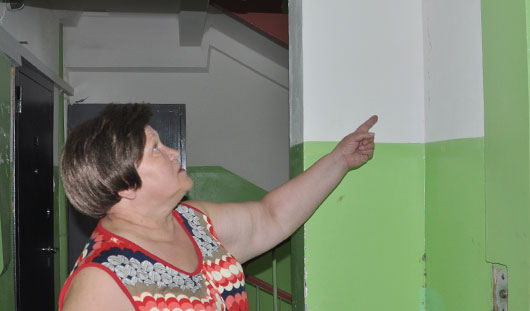 Надежда Воробьева, когда начались толчки, в панике выбежала из квартиры, а когда вернулась, увидела трещины в стене