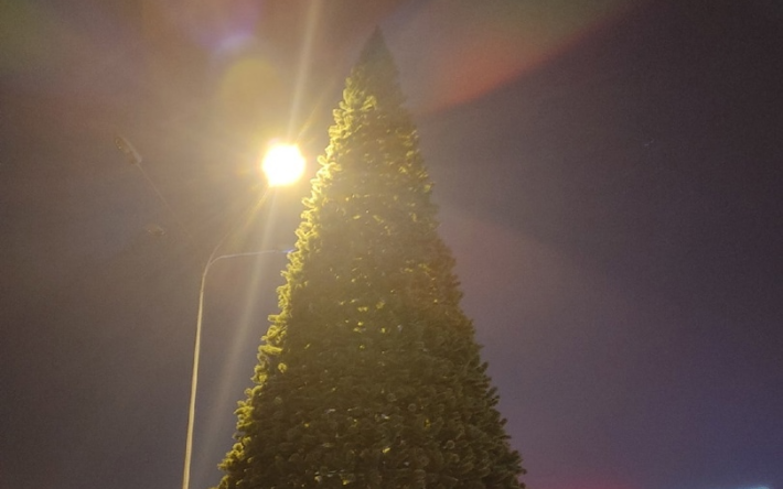 Фотофакт: первая новогодняя елка в Ижевске получила почти завершенный вид