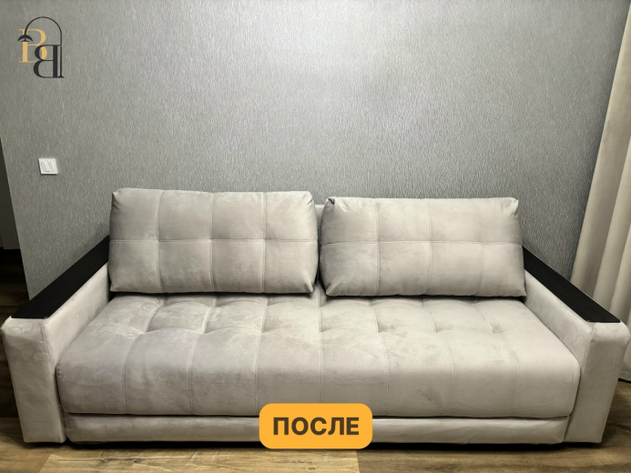 Брендовый диван итальянской фабрики MINOTTI пострадал от лап кота, сиденья износились, а наполнитель пришел в негодность. Результат реставрации впечатляет. Фото: https://vk.ru/mebizh