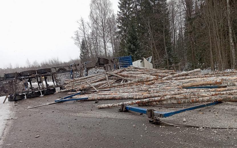 Перевернувшийся лесовоз перекрыл движение на трассе в Удмуртии