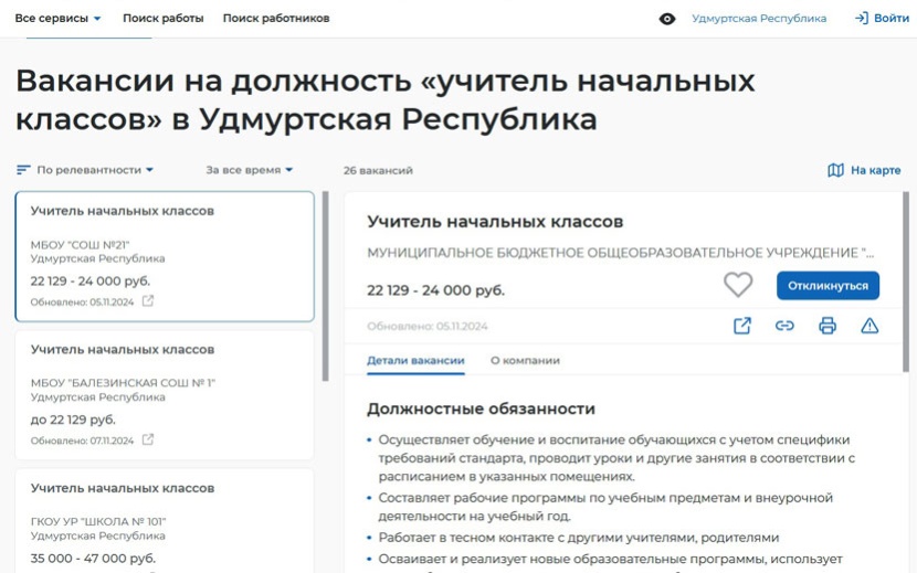 Вакансии учителей начальных классов в Удмуртии на 7 ноября 2024 г.