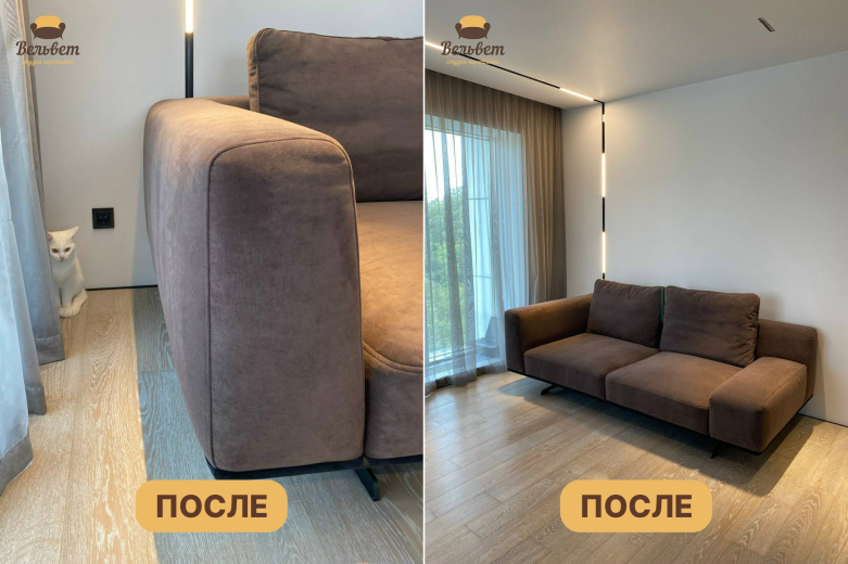 Брендовый диван итальянской фабрики MINOTTI пострадал от лап кота, сиденья износились, а наполнитель пришел в негодность. Результат реставрации впечатляет. Фото: https://vk.ru/mebizh
