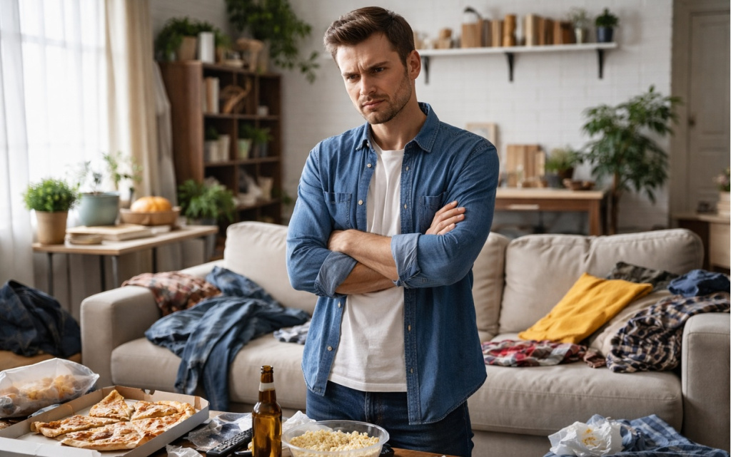 Неряшливая гостиная и раздраженный мужчина.jpg