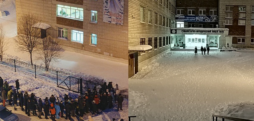 Очередь перед школой №86 в 2019 году и двор этой же школы 31 января 2020 года Фото: Сергей Грачёв, Екатерина Ардашева