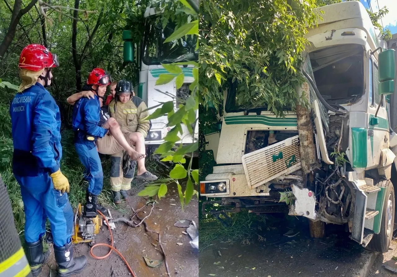 Водитель грузовика наехал на фонарный столб в Ижевске и попал в больницу с травмами