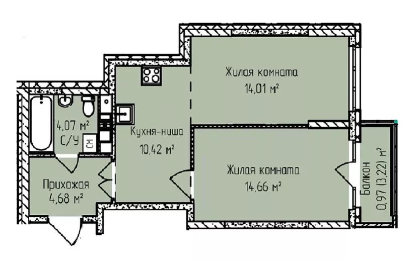 2-комнатная квартира, площадь 51,06 кв.м.